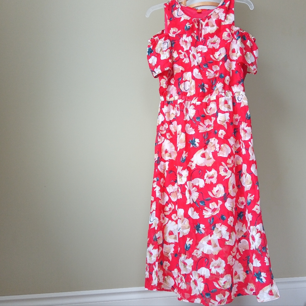 🪇2for$15 Ptp18" Cold Shoulder Short Sleeve Red Floral Long Dress - NWOT - Picture 9 of 9
